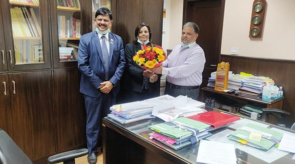 Meeting held with Shri Ashutosh Sharma, Director General, O/o C&AG on 21st April, 2023 to discuss accounting and auditing of Panchayati Raj Institutions in India. Seen in the pic (L to R): CA. Prasanna Kumar D, Vice- Chairperson, CP&GFM, CA. Kemisha Soni, Chairperson, CP&GFM and Shri Asutosh Sharma, Director General, C&AG