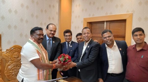 CA. Mangesh Pandurang Kinare, Chairman, CPGFM; CA. Ravi Kumar Patwa, Member, CPGFM; CA. Sanjib Sanghi, CCM, ICAI; CA. Mahendra Kumar Sahoo; Chairman, Bhubaneswar Branch of ICAI ; CA. Bisworanjan Sutar, RCM, EIRC in a meeting with Shri Rabi Narayan Naik, Hon'ble Minister of Rural Development, Panchayati Raj, Drinking Water, Govt. of Odisha on 6th June 2025 to discuss matters of mutual professional interest.