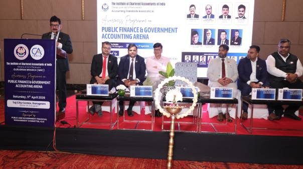 CA. Hans Raj Chugh, Chairman, PGFMC addressing the inaugural session of the “Awareness Programme on Public Finance & Government Accounting Arena,” organised by the Gurugram Branch of ICAI under the aegis of PGFMC on 11th April 2026 at Taj City Centre, Gurugram.