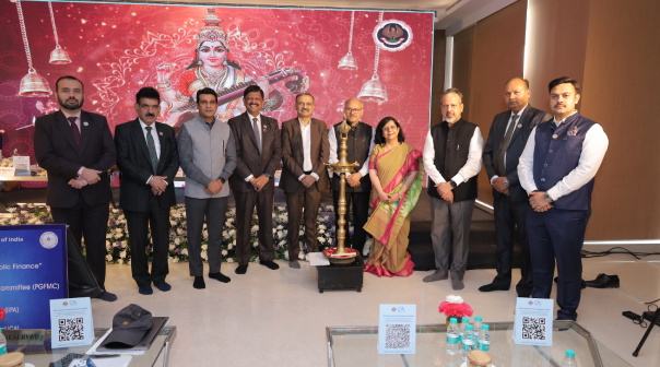 CA. Prasanna Kumar D, President, ICAI, CA. Hans Raj Chugh, Chairman, PGFMC, CA. Arpit Kabra, Vice-Chairman, PGFMC and CA. (Dr.) Anuj Goyal, CCM, along with other dignitaries during the inauguration of the Conference on “16th Finance Commission and Local Public Finance,” held on 21 May 2026 at Hotel The Lalit, New Delhi.