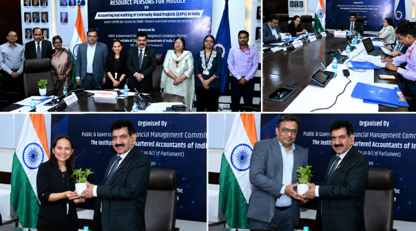 CA. Hans Raj Chugh, Chairman, PGFMC and Ms. Julitta Ponniah, Principal Financial Management Specialist, ADB addressing during Orientation of Resource Persons for the Module on “Accounting and Auditing of Externally Aided Projects (EAPs) in India” under the Certificate Course on Public Finance and Government Accounting held on 24th June 2026 at ICAI Bhawan, New Delhi. 
